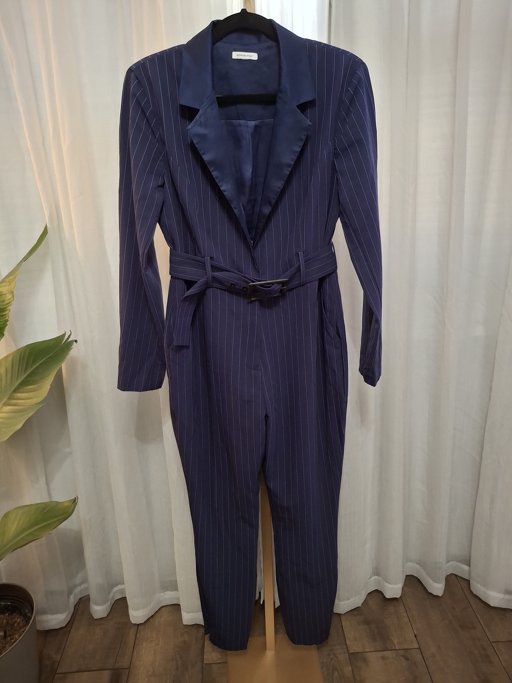 Navy Pinstripe Blazer Jumpsuit with Belt